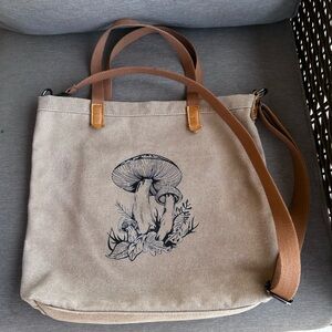 Canvas Tote Bag with Mushroom Design - Tan